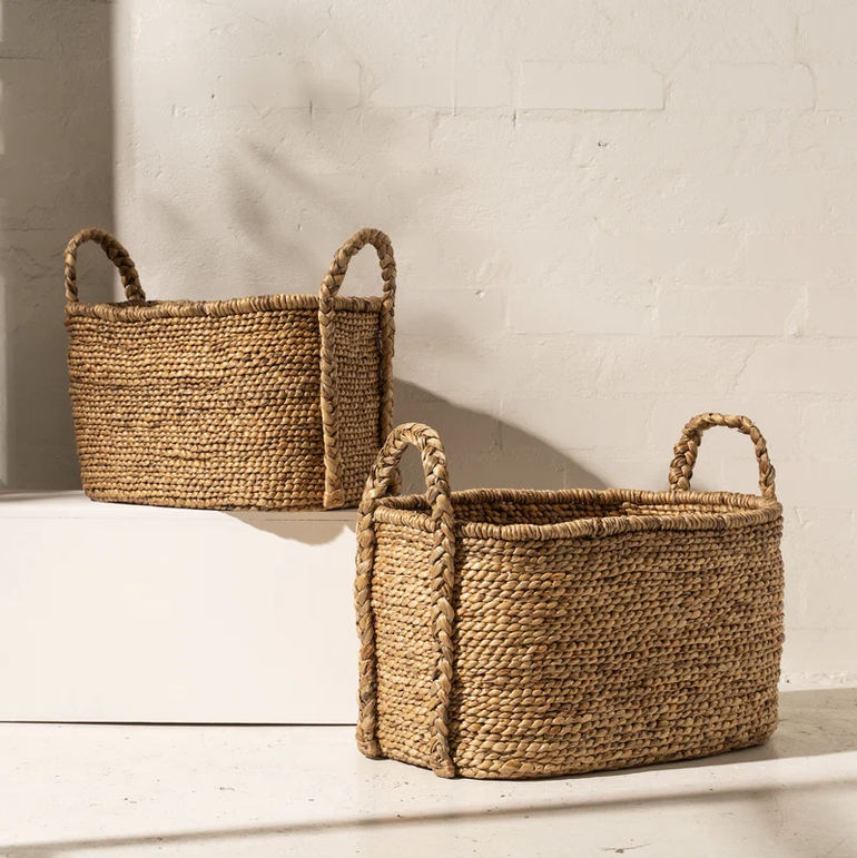 Inartisan Water Hyacinth Oval Basket with Plaited Handles Small