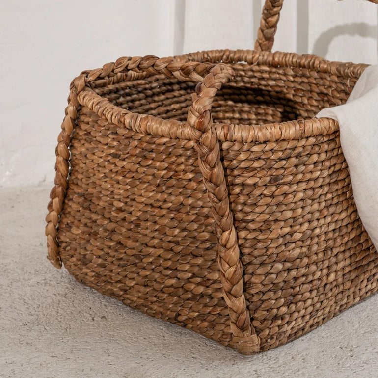 Inartisan Water Hyacinth Rounded Square Basket with Plaited Handles — woven basket for home styling