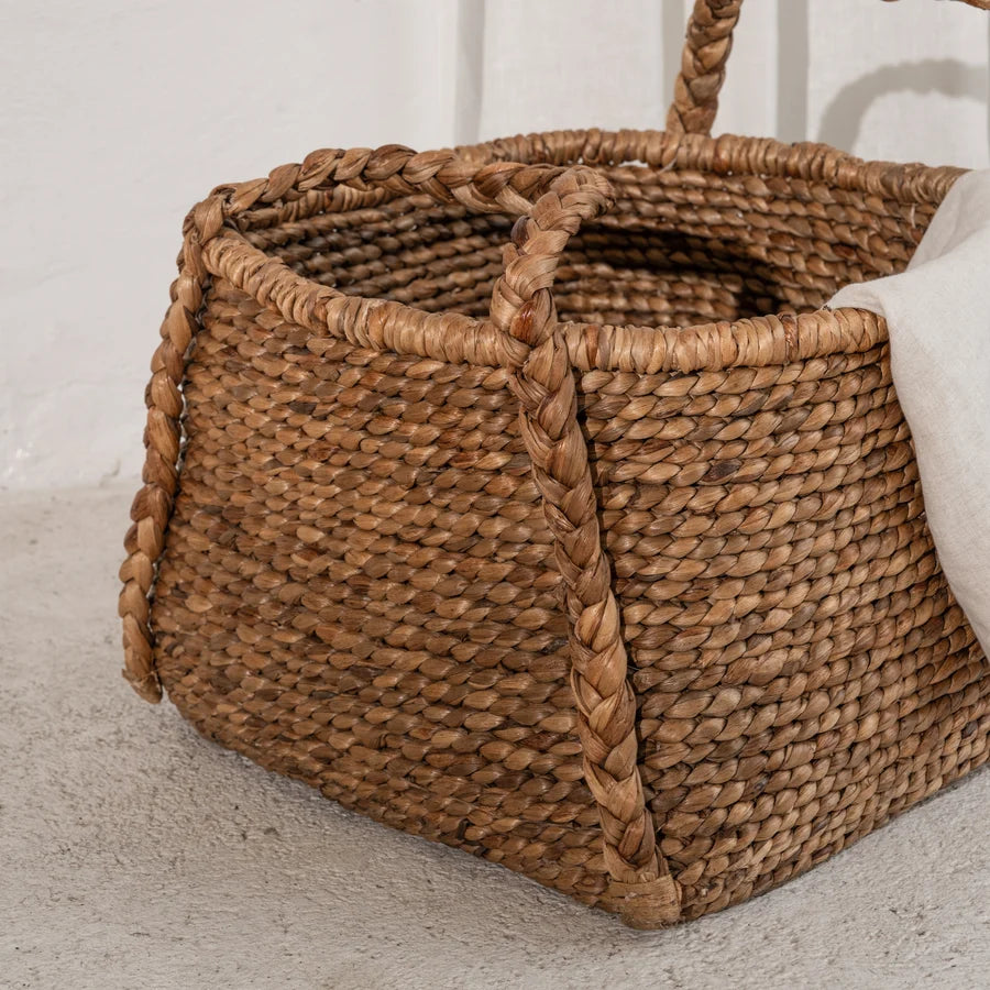 Inartisan Water Hyacinth Rounded Square Basket with Plaited Handles — woven basket for home styling