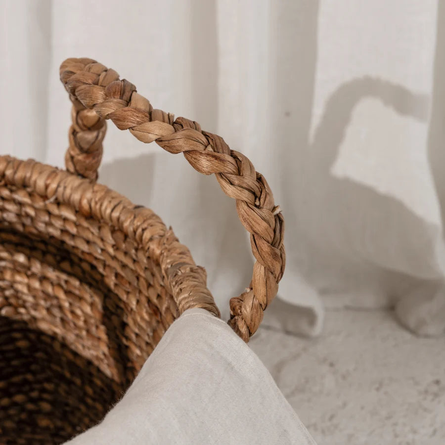 Inartisan Water Hyacinth Rounded Square Basket with Plaited Handles — woven basket for home storage