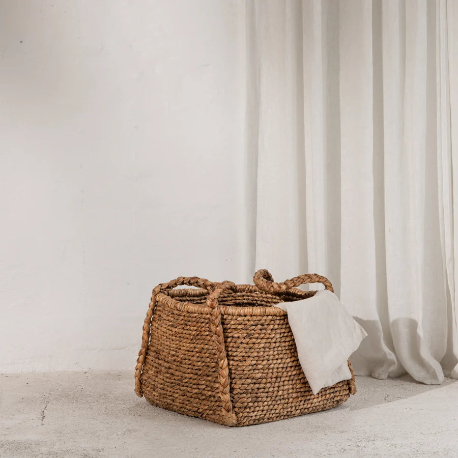 Inartisan Water Hyacinth Rounded Square Basket with Plaited Handles — woven basket for home styling