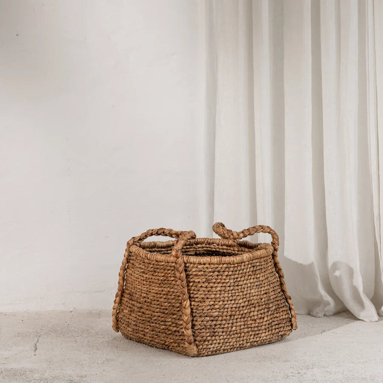 Inartisan Water Hyacinth Rounded Square Basket with Plaited Handles — woven basket for home storage