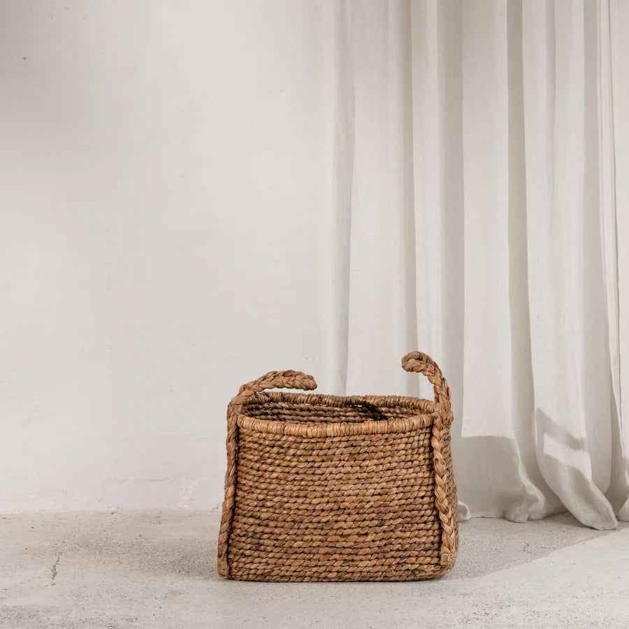 Inartisan Water Hyacinth Rounded Square Basket with Plaited Handles — woven basket for home storage