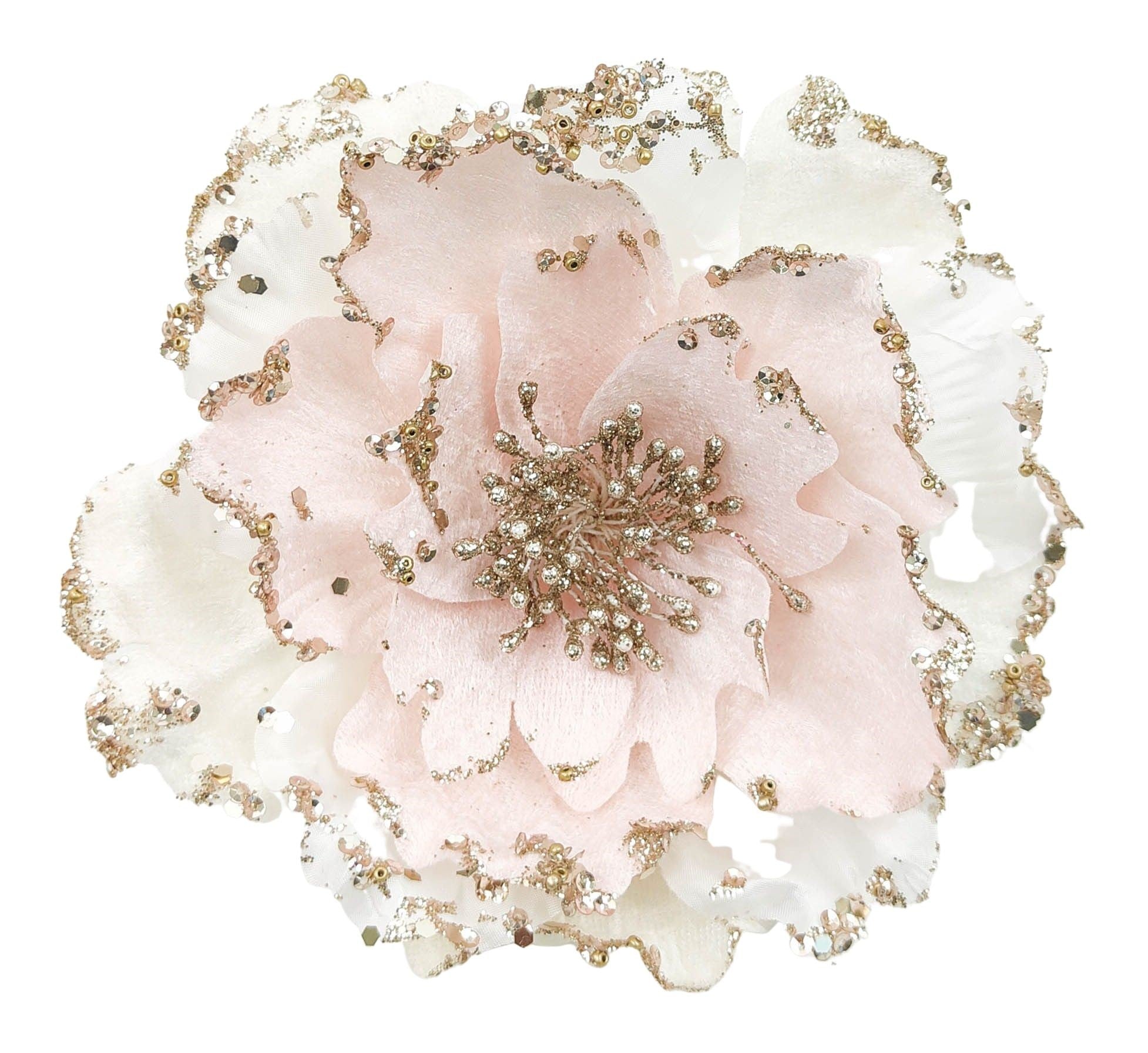 Elegant Glitter Flower Clip Blush and White