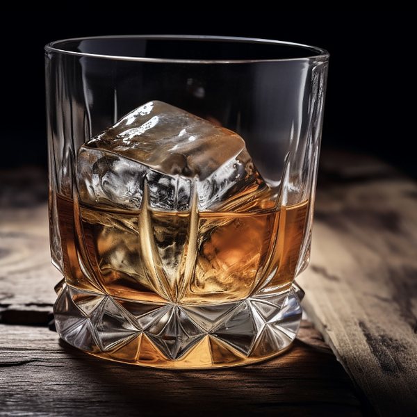 Bourbon over ice in a crystal glass